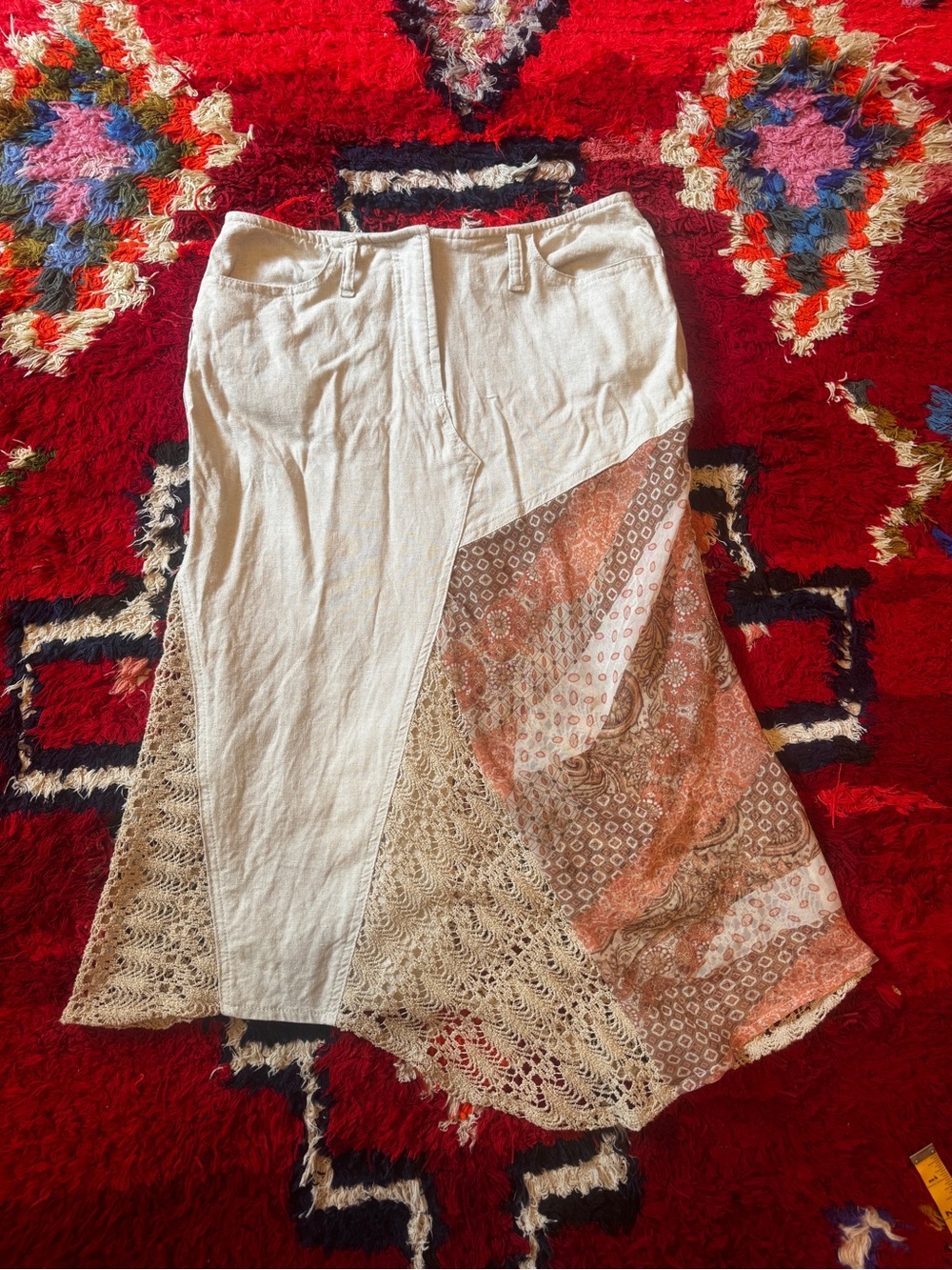 Y2K Vintage XoXo boho Linen Crochet Asymmetrical Skirt Sz SM